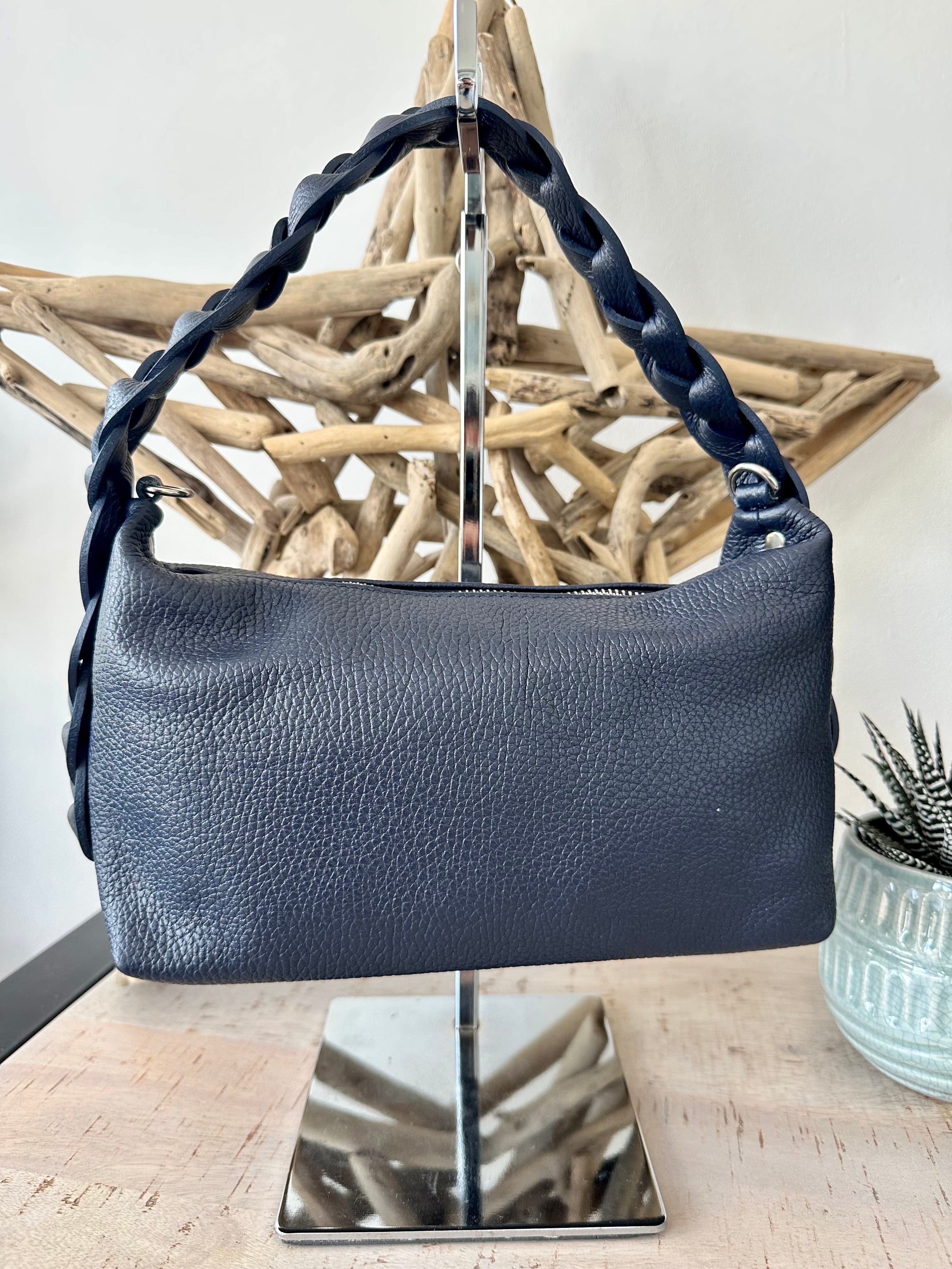 Braided Handle Navy Genuine Italian Leather Handbag - Image 5