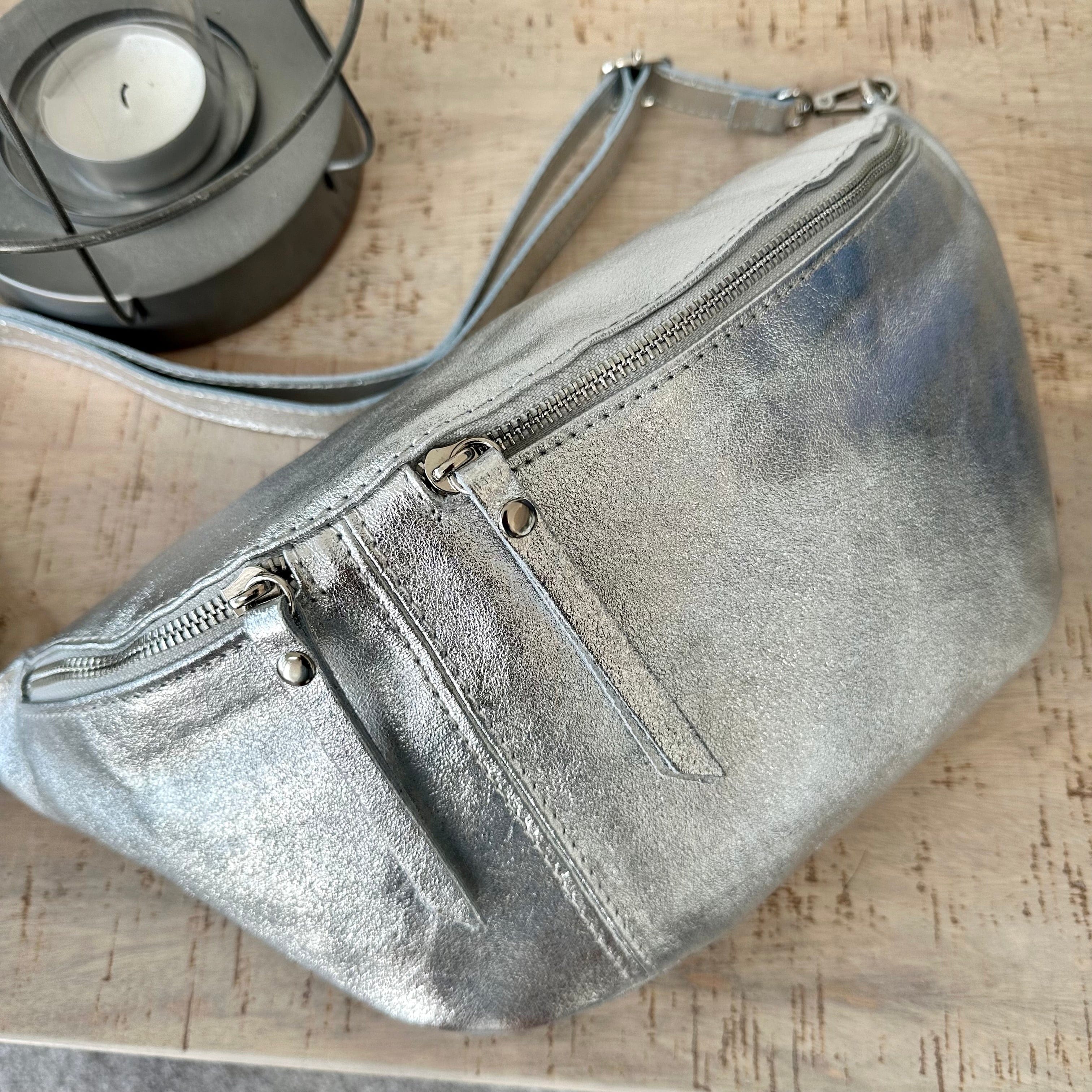 Metallic Silver Italian Leather Sling Bag / Chest Bag - Image 2